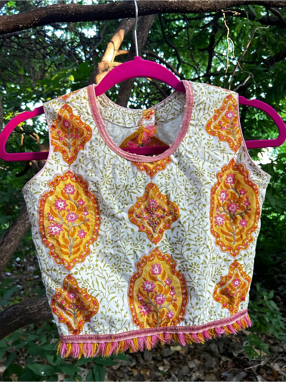 Girls Sleeveless Floral Beaded Fringe Top